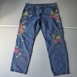 Embroidered Jeans Womens 33 Blue High Rise Straight Floral Floral Birds